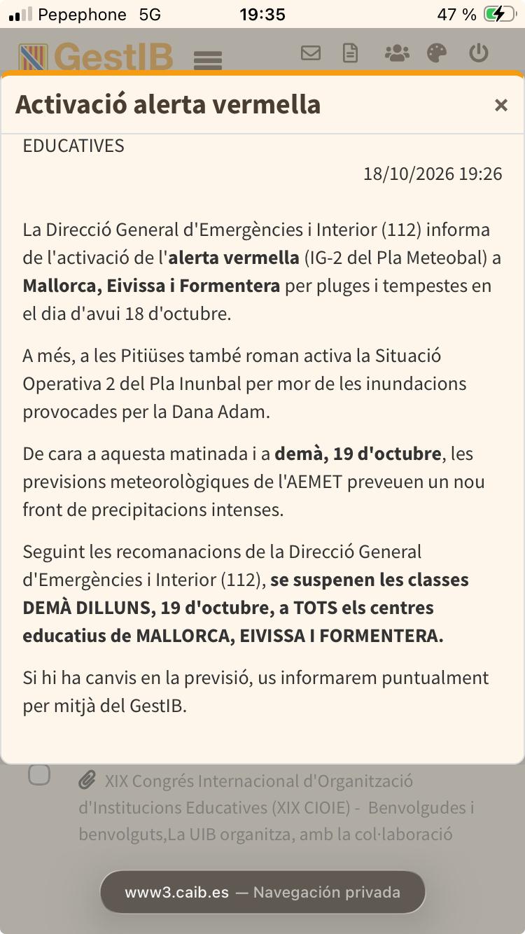 - Alerta Protecció Civil 112 Suspensió de les classes i tancament de l'EOI Escola Oficial d'Idiomes de Palma de Mallorca